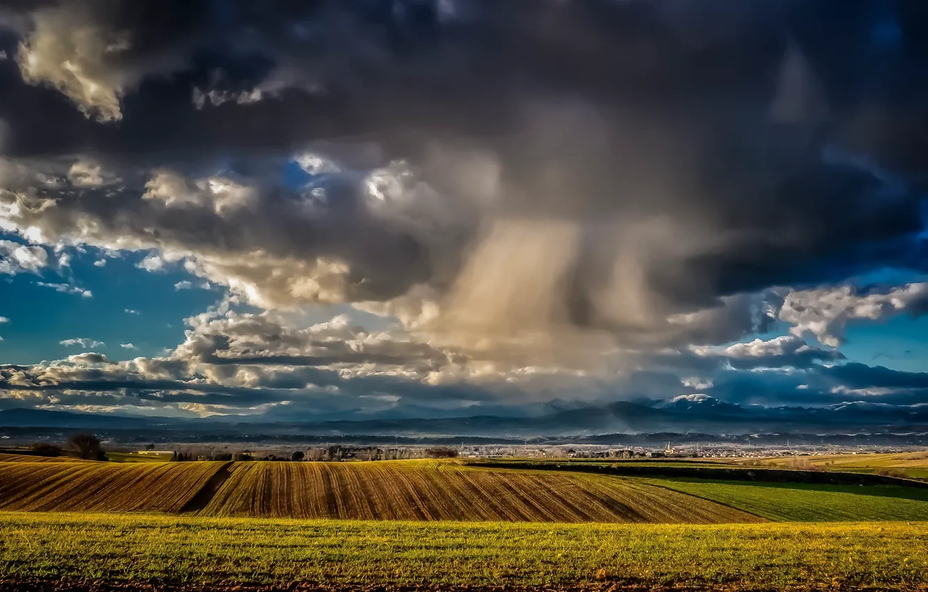 Photo wallpaper field, clouds, clouds, rain
