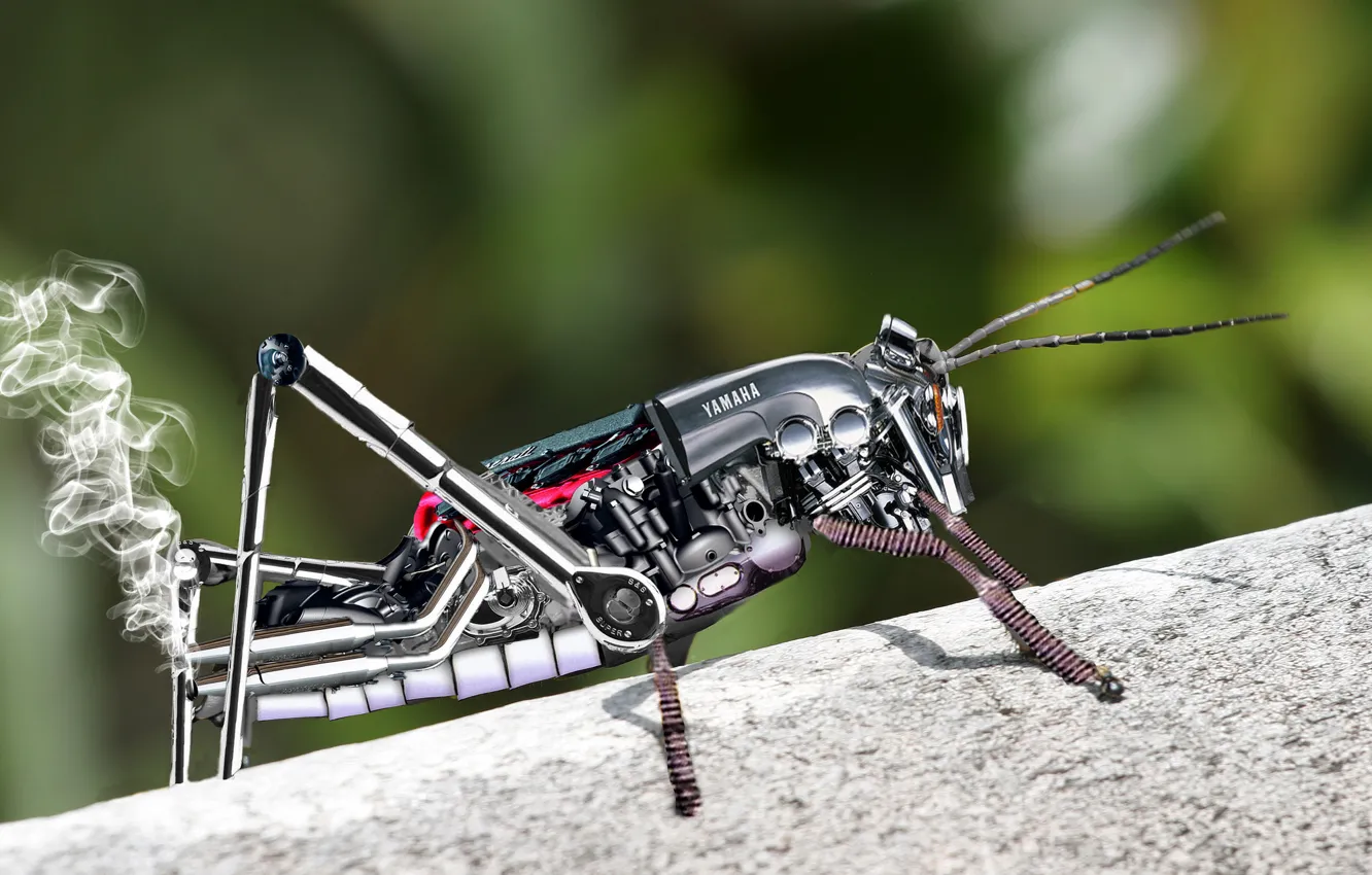 Photo wallpaper metal, smoke, robot, grasshopper, Yamaha