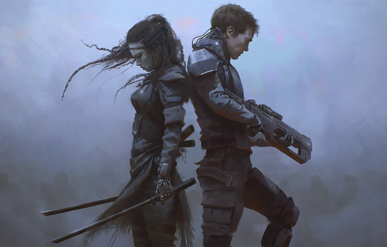 Photo wallpaper girl, weapons, art, guy, sci-fi, back to back