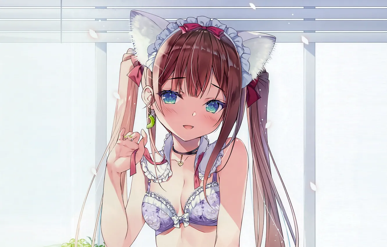 Photo wallpaper girl, sexy, lingerie, bra, cleavage, long hair, brown hair, boobs