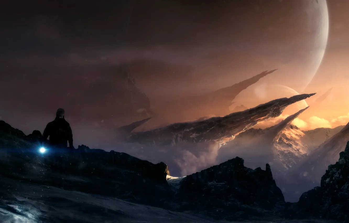 Photo wallpaper rocks, people, planet, flashlight, The Path