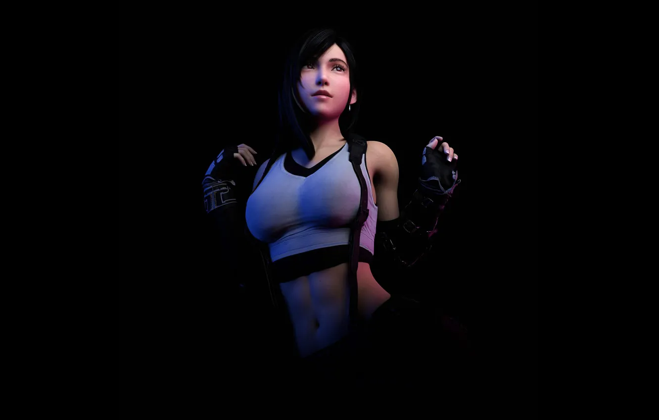 Photo wallpaper Final Fantasy, women, brunette, digital art, fan art, black background, t-shirt, gloves
