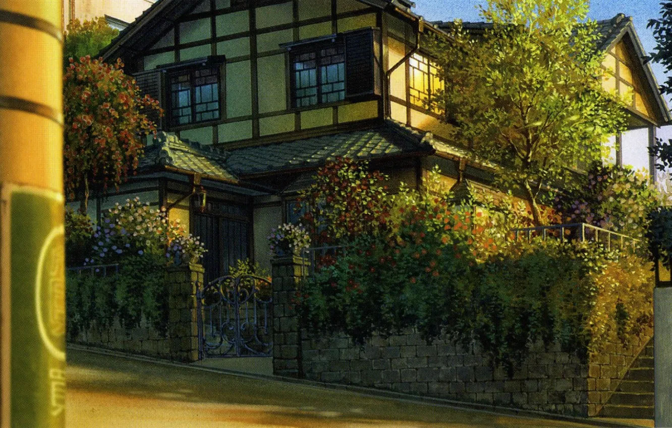 Photo wallpaper summer, trees, house, street, the fence, plants, the evening, wicket