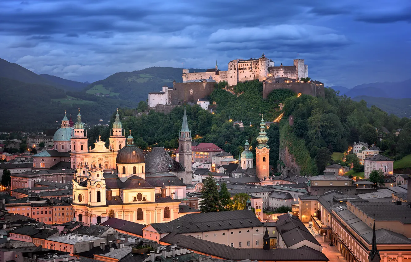Photo wallpaper clouds, the city, hills, building, home, the evening, Austria, Cathedral