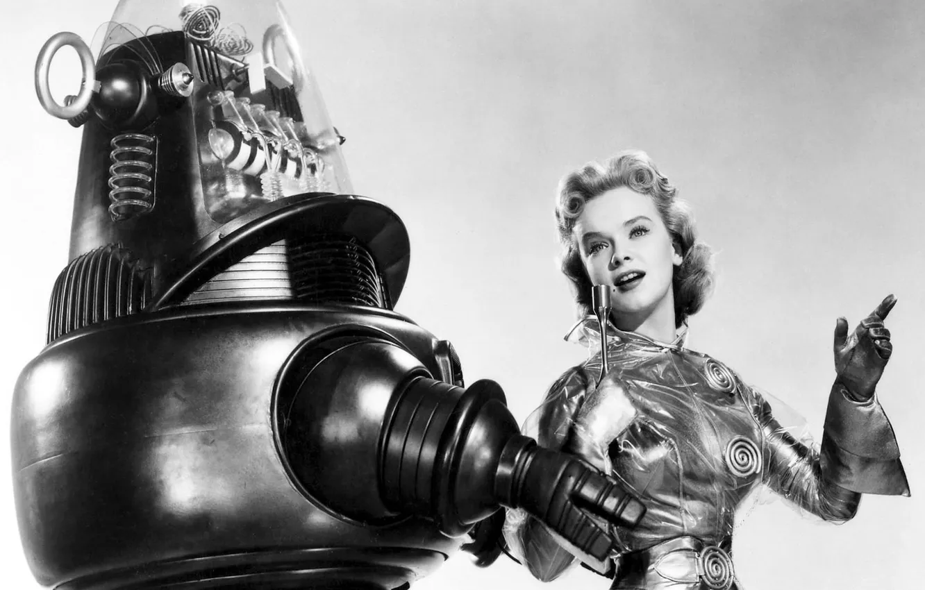 Photo wallpaper girl, retro, robot, costume, microphone