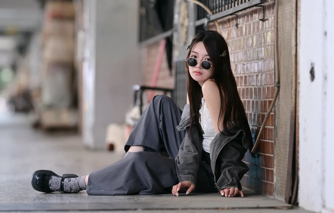 Photo wallpaper look, girl, glasses, jacket, Asian, pants