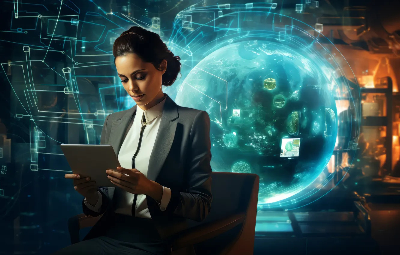 Photo wallpaper girl, future, work, office, digital art, AI art, The Art of Artificial Intelligence, neural network