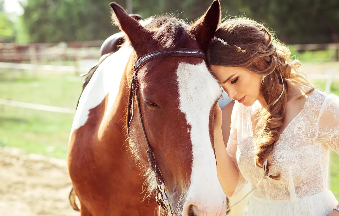 Photo wallpaper summer, girl, the sun, mood, horse, dress, brown hair, walk