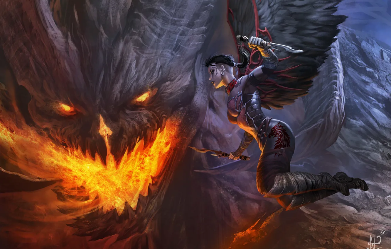 Photo wallpaper woman, wings, dagger, monster, Ellia