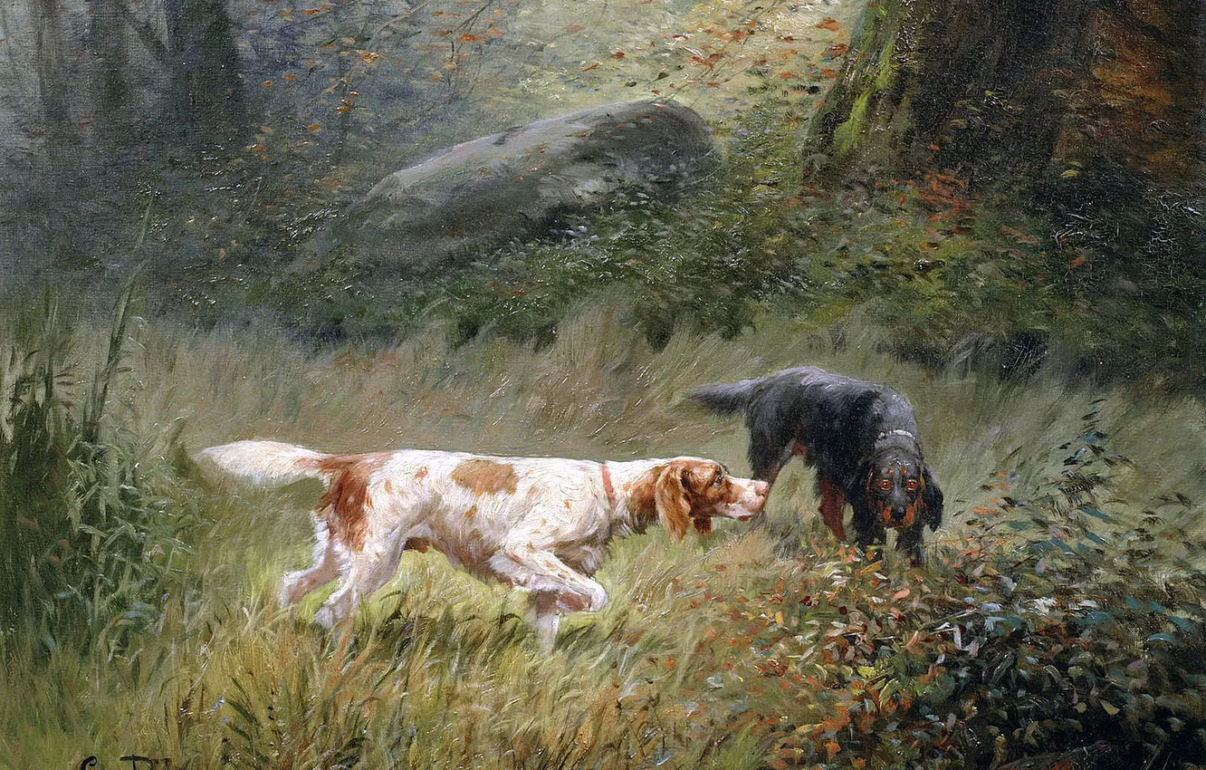 Photo wallpaper Grass, Picture, Dogs, Two, French artist, Eugene Petit, Eugene Petit, Cops in the landscape