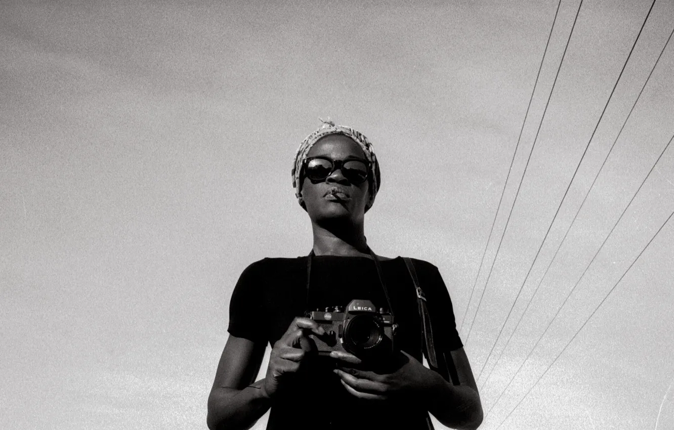 Photo wallpaper girl, camera, glasses, wires, power line