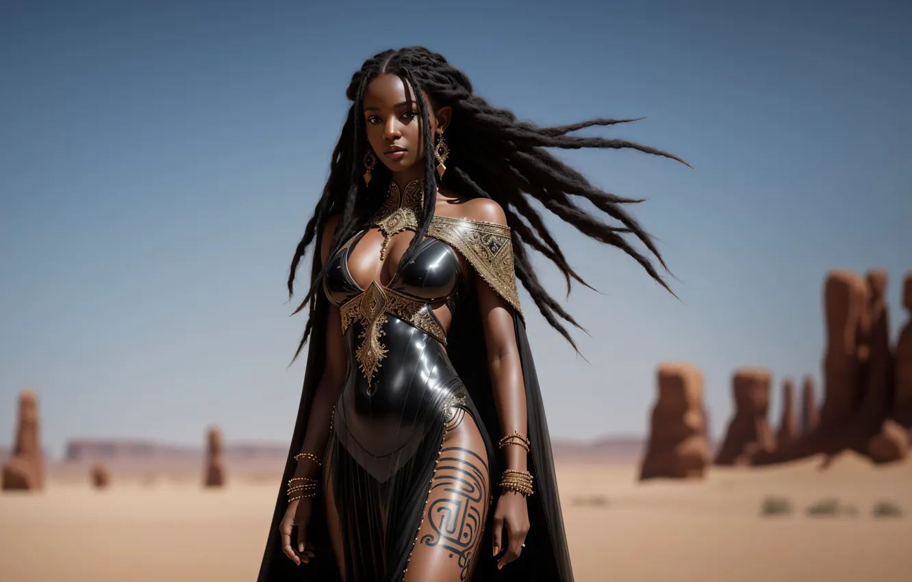 Photo wallpaper girl, fantasy, black, desert, nature, art, Sands, digital art