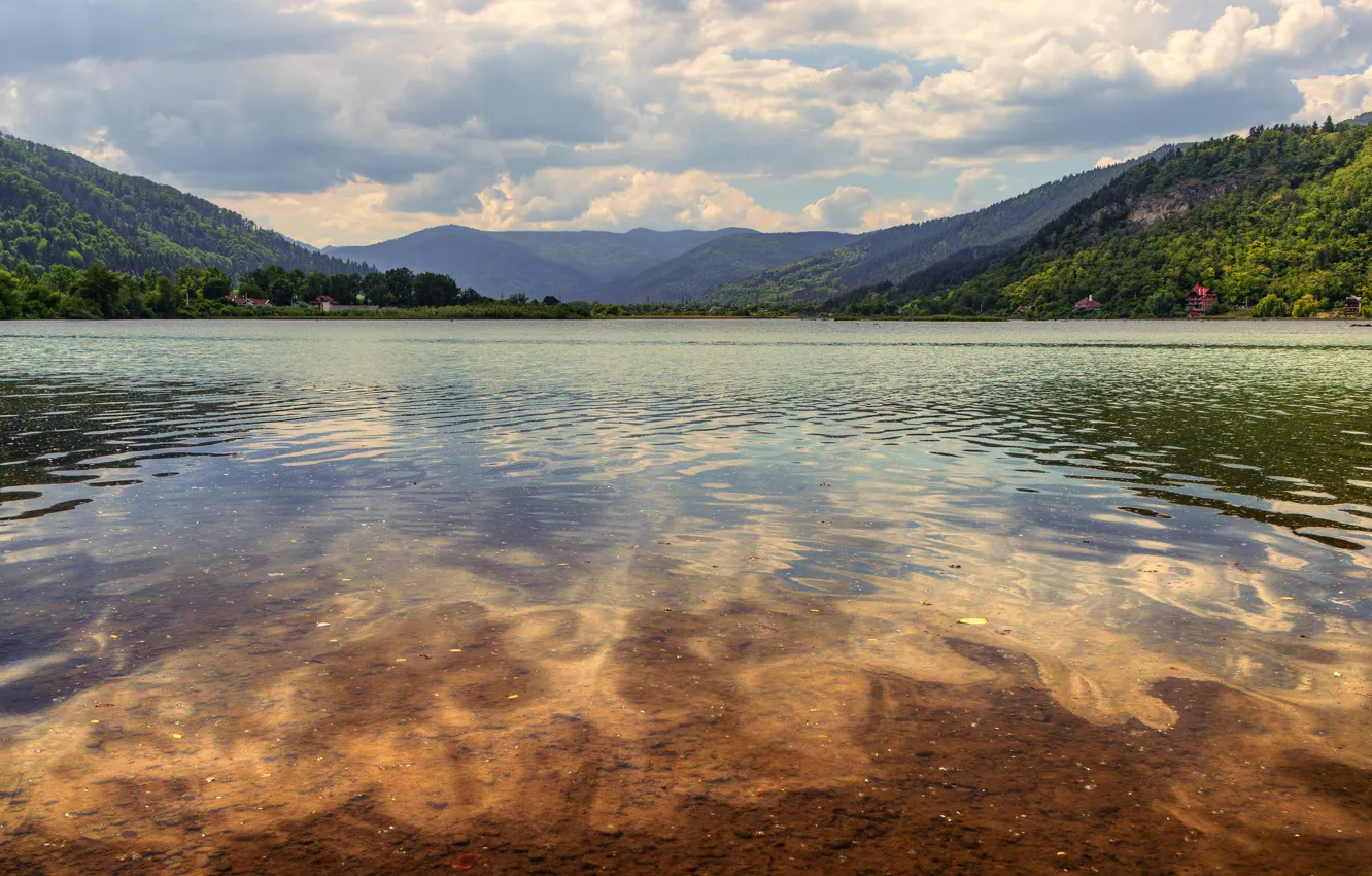 Photo wallpaper forest, mountains, shore, home, pond