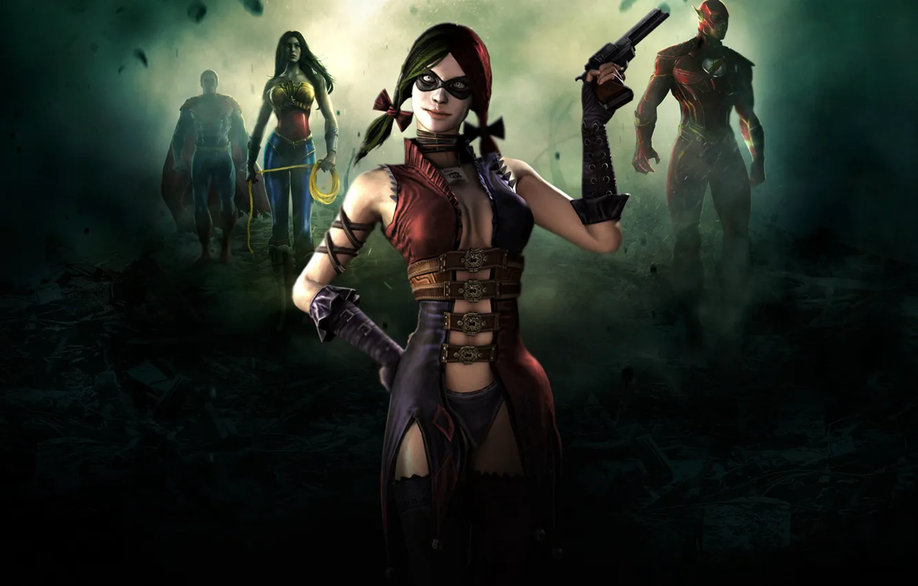 Photo wallpaper superman, flash, fighting, Harley Quinn, Wonder women, Injustice: Gods Among Us