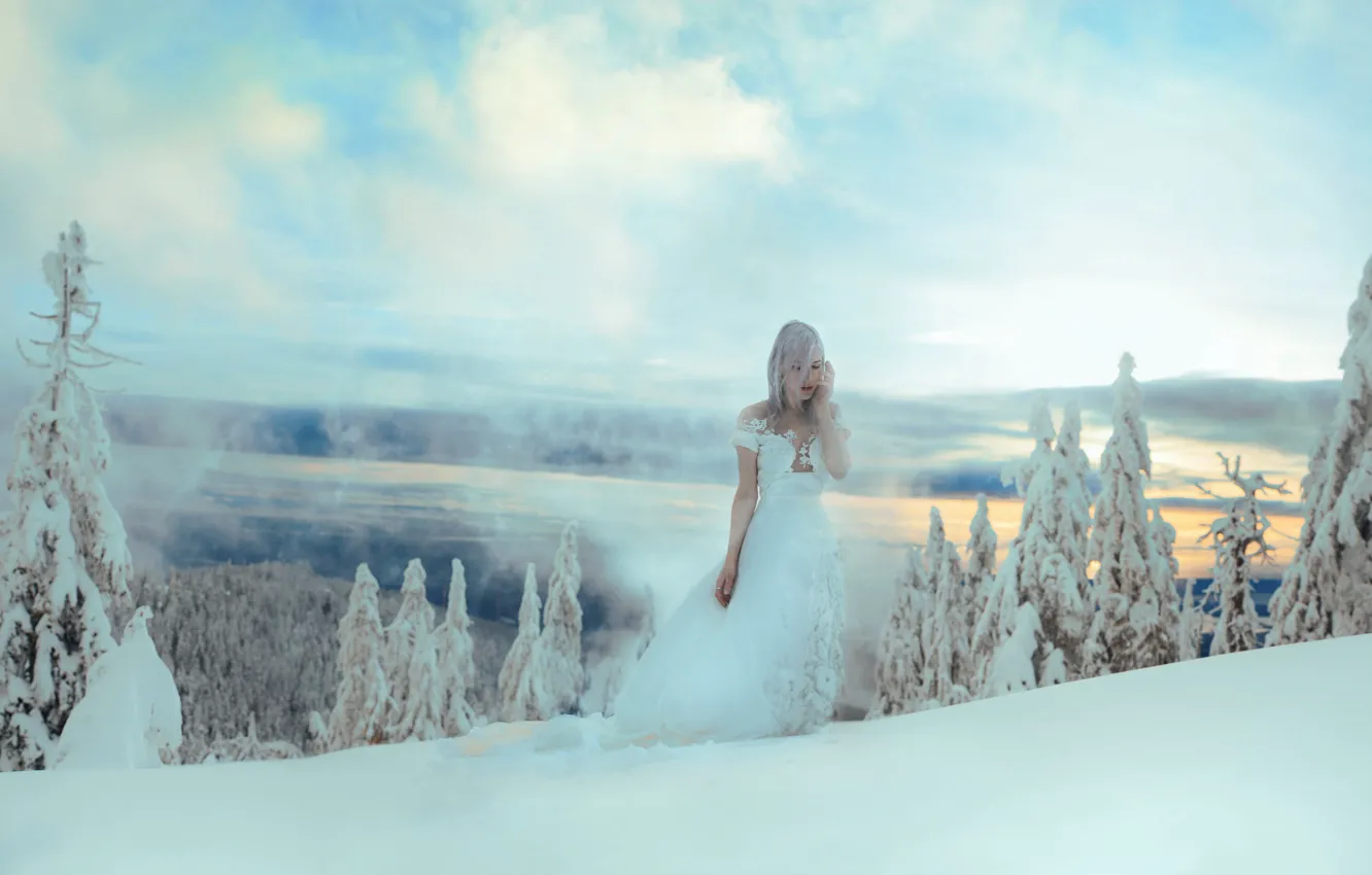 Photo wallpaper winter, forest, girl, snow, style, dress, fantasy, image