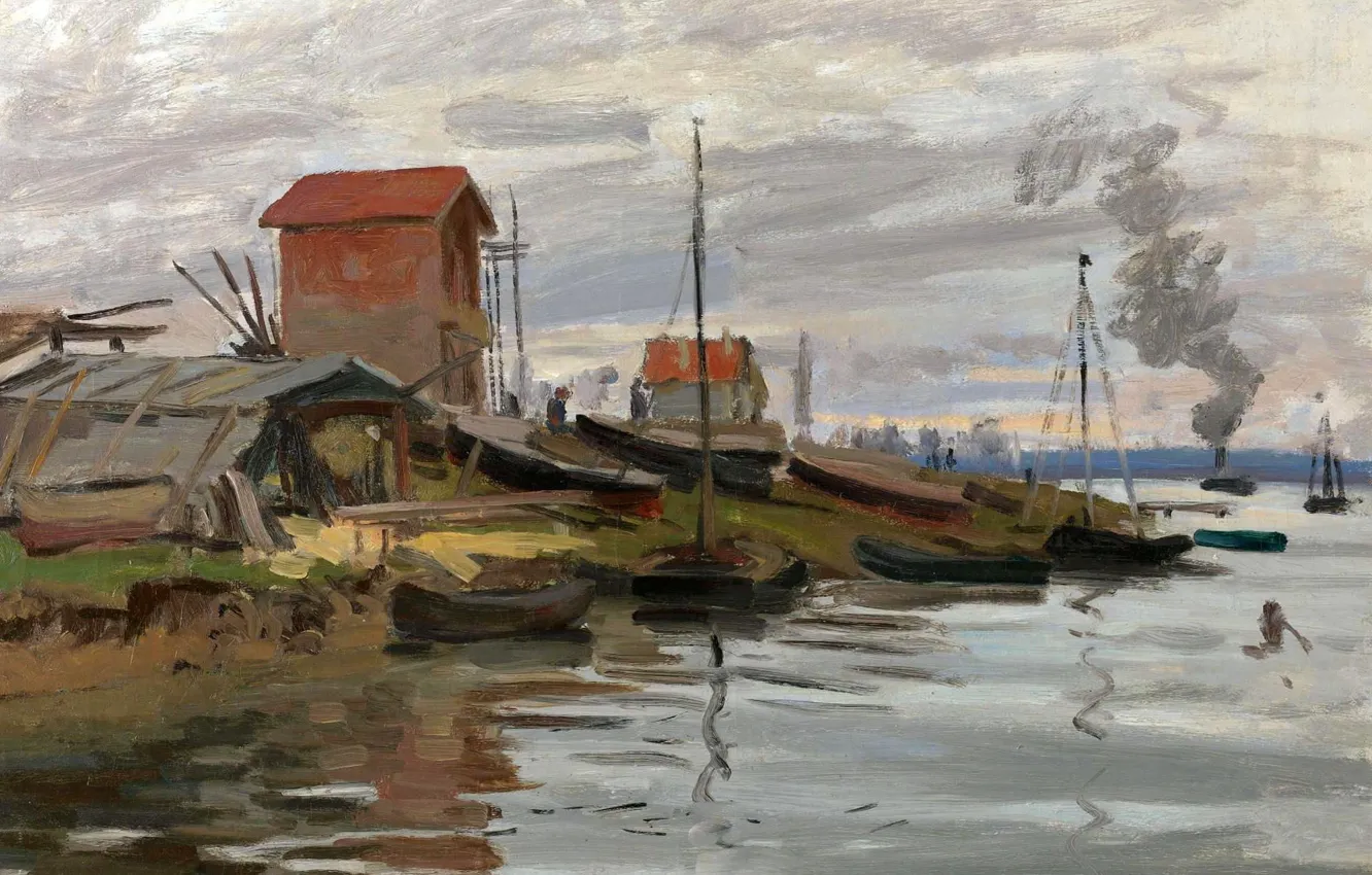 Photo wallpaper landscape, house, river, picture, Claude Monet, The Seine at Petit-Gennevilliers