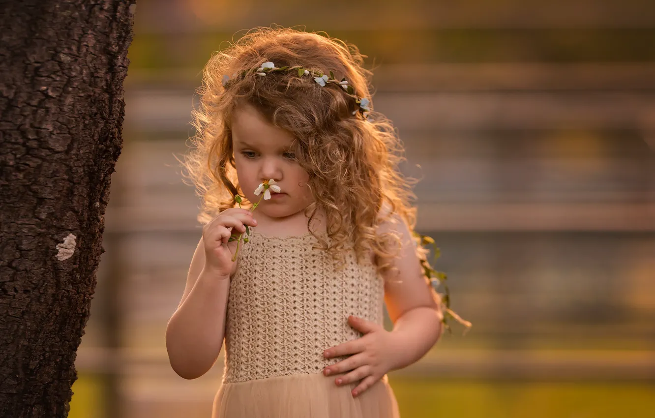 Photo wallpaper trees, flowers, girl, curls, wreath, baby, bokeh, Rus