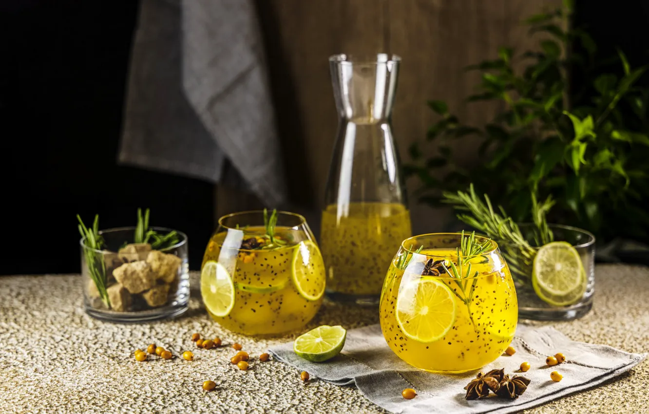 Photo wallpaper greens, glass, berries, table, lemon, glass, plant, towel