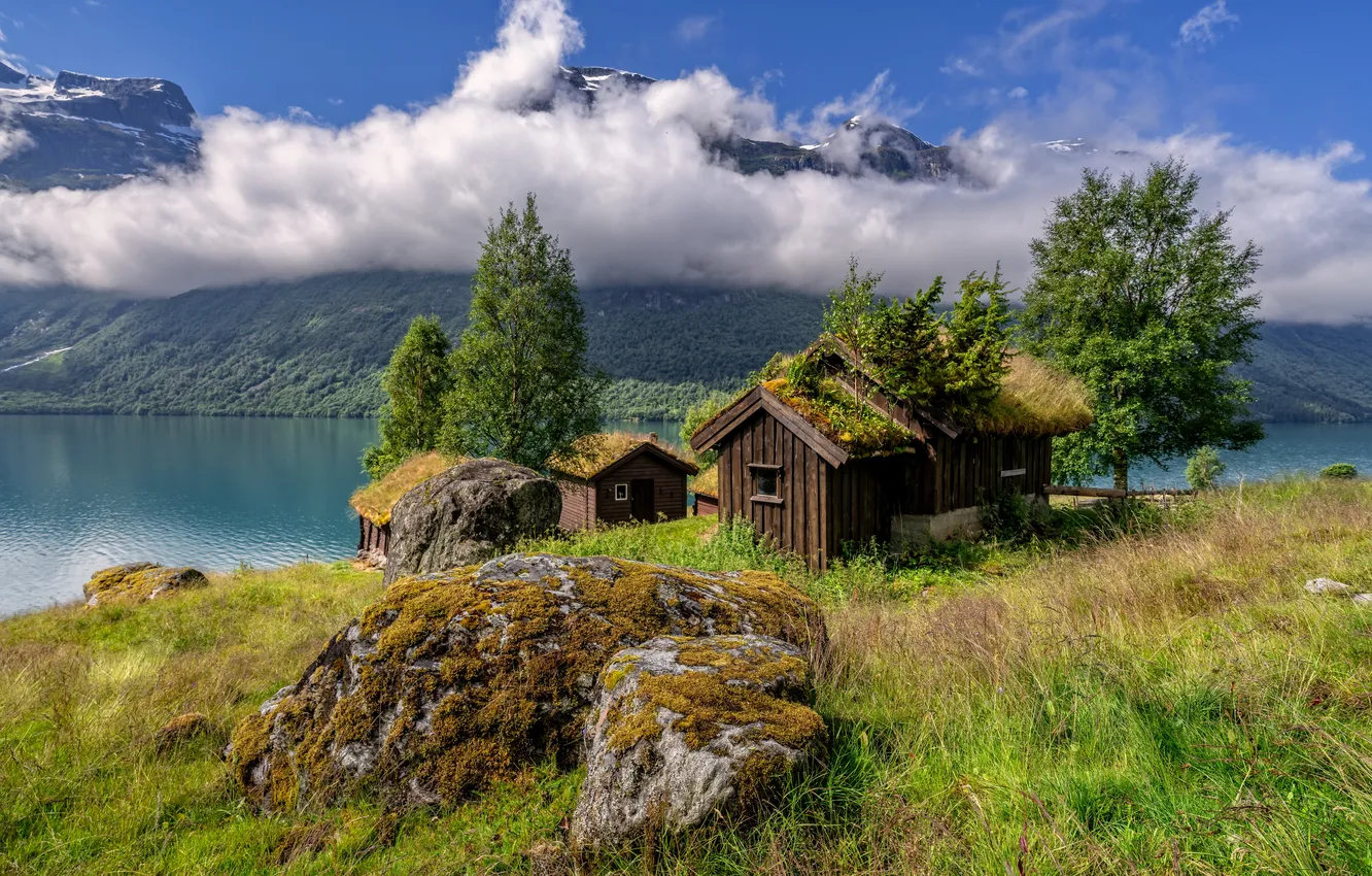 Photo wallpaper clouds, mountains, hut, Norway, house, the fjord