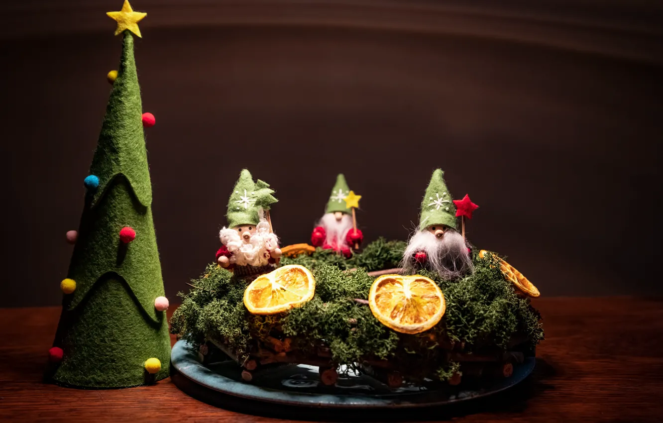 Photo wallpaper the dark background, holiday, toys, moss, oranges, Christmas, dwarves, New year