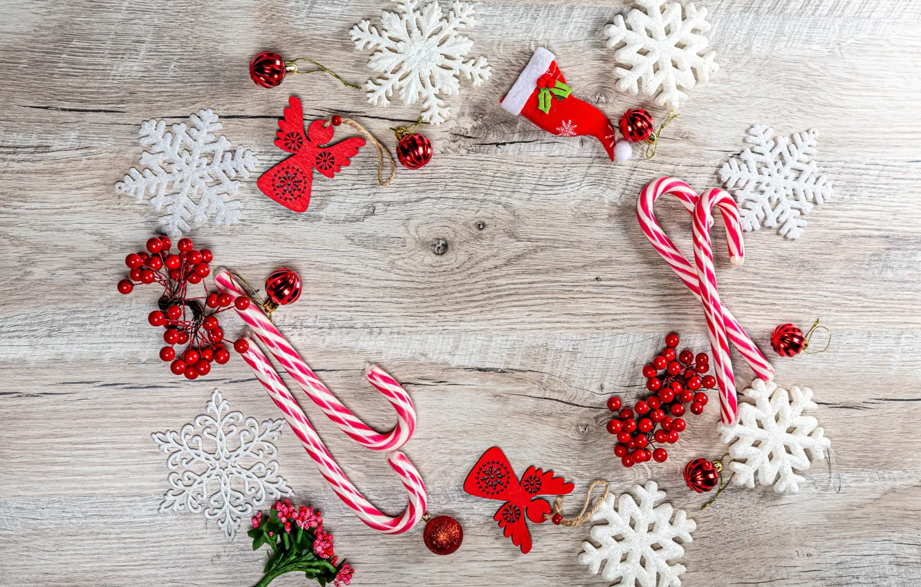 Photo wallpaper balls, snowflakes, berries, Christmas, New year, lollipops