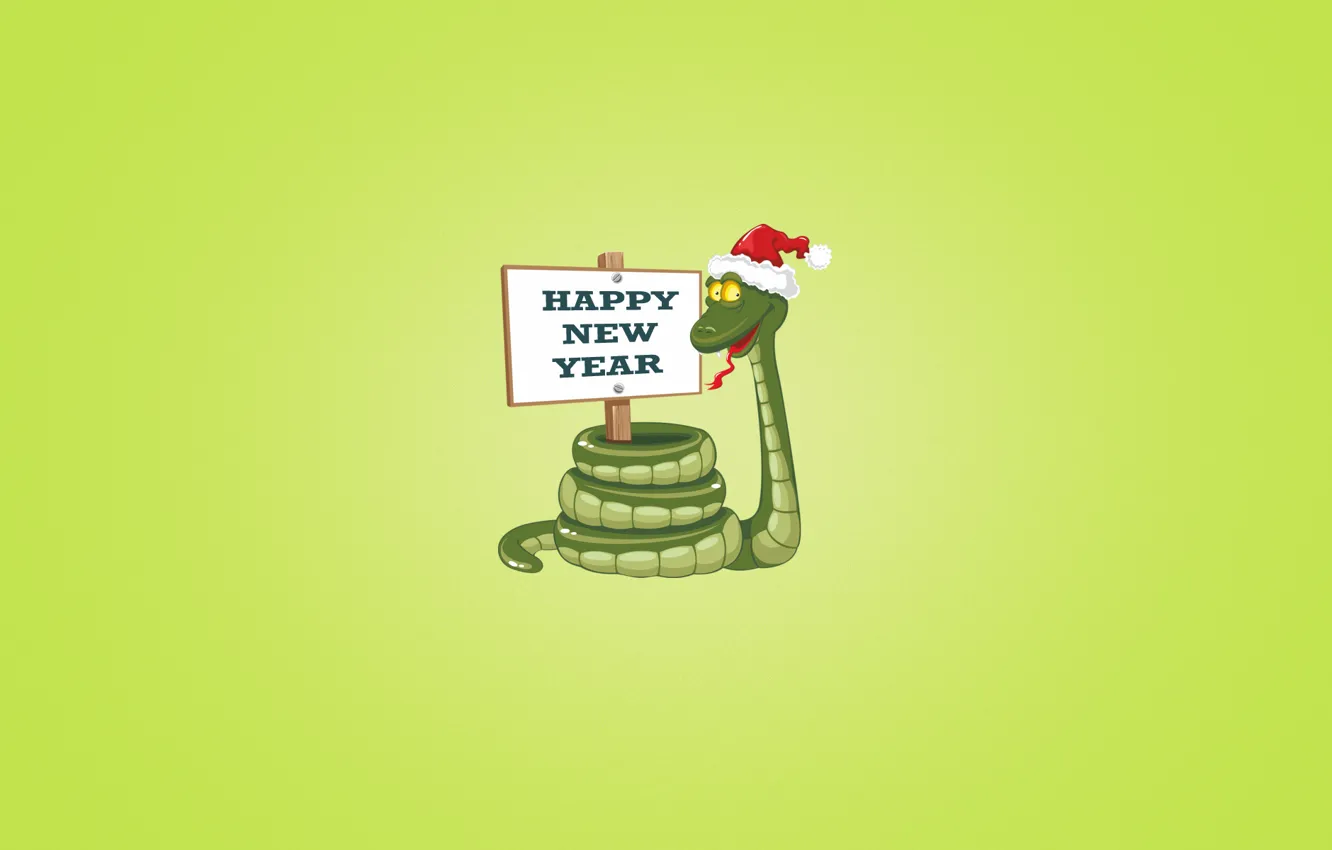 Photo wallpaper red, the inscription, plate, new year, snake, green background, happy new year, Christmas hat