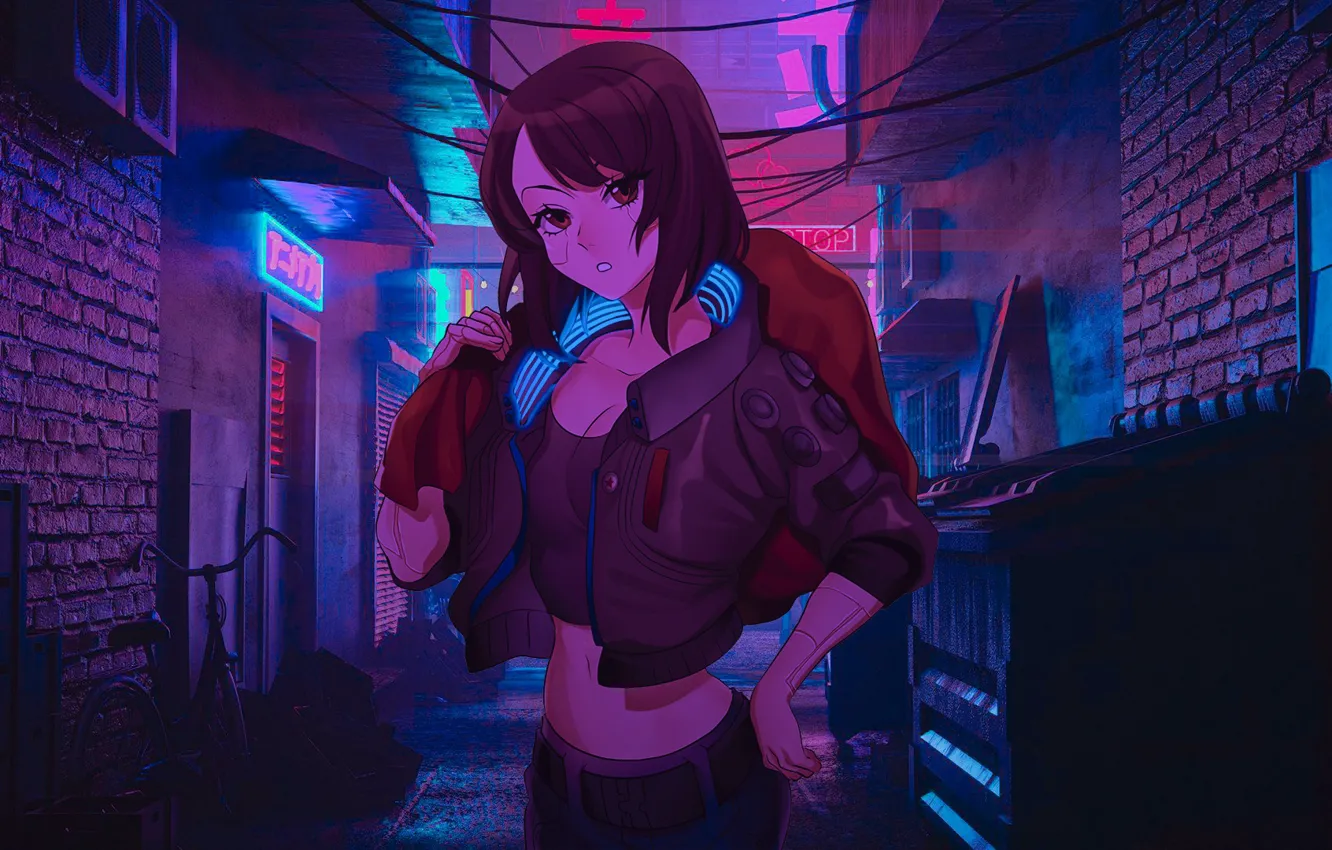 Photo wallpaper girl, street, anime, gateway, night city lights