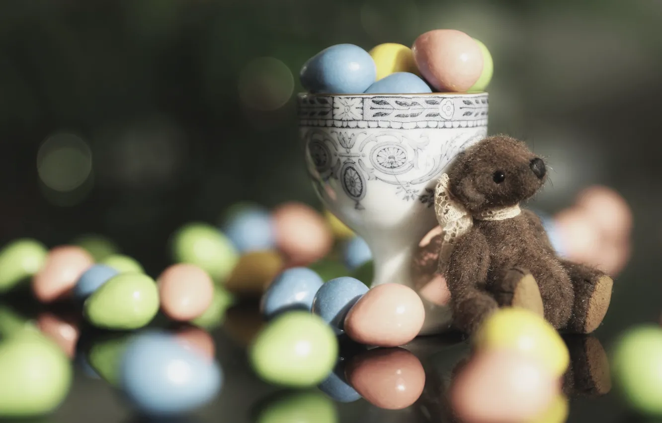 Photo wallpaper toy, eggs, candy, Easter, bear, pills, Teddy bear