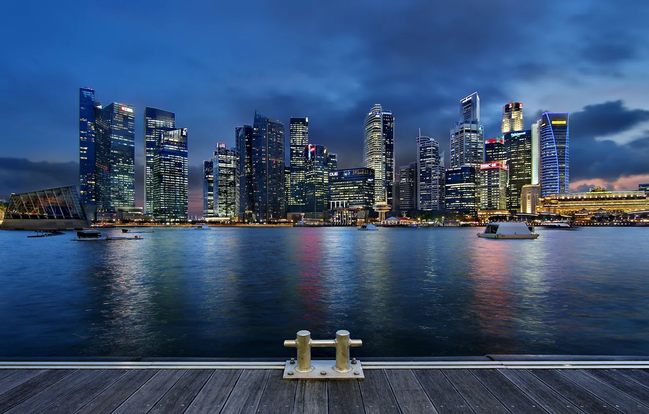 Photo wallpaper clouds, night, lights, lights, skyscrapers, backlight, Bay, Singapore