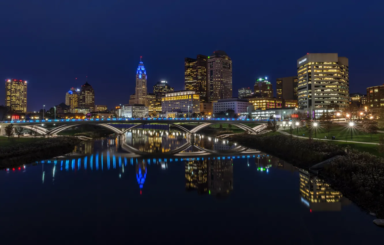 Photo wallpaper photo, Home, Bridge, Night, The city, River, USA, Ohio