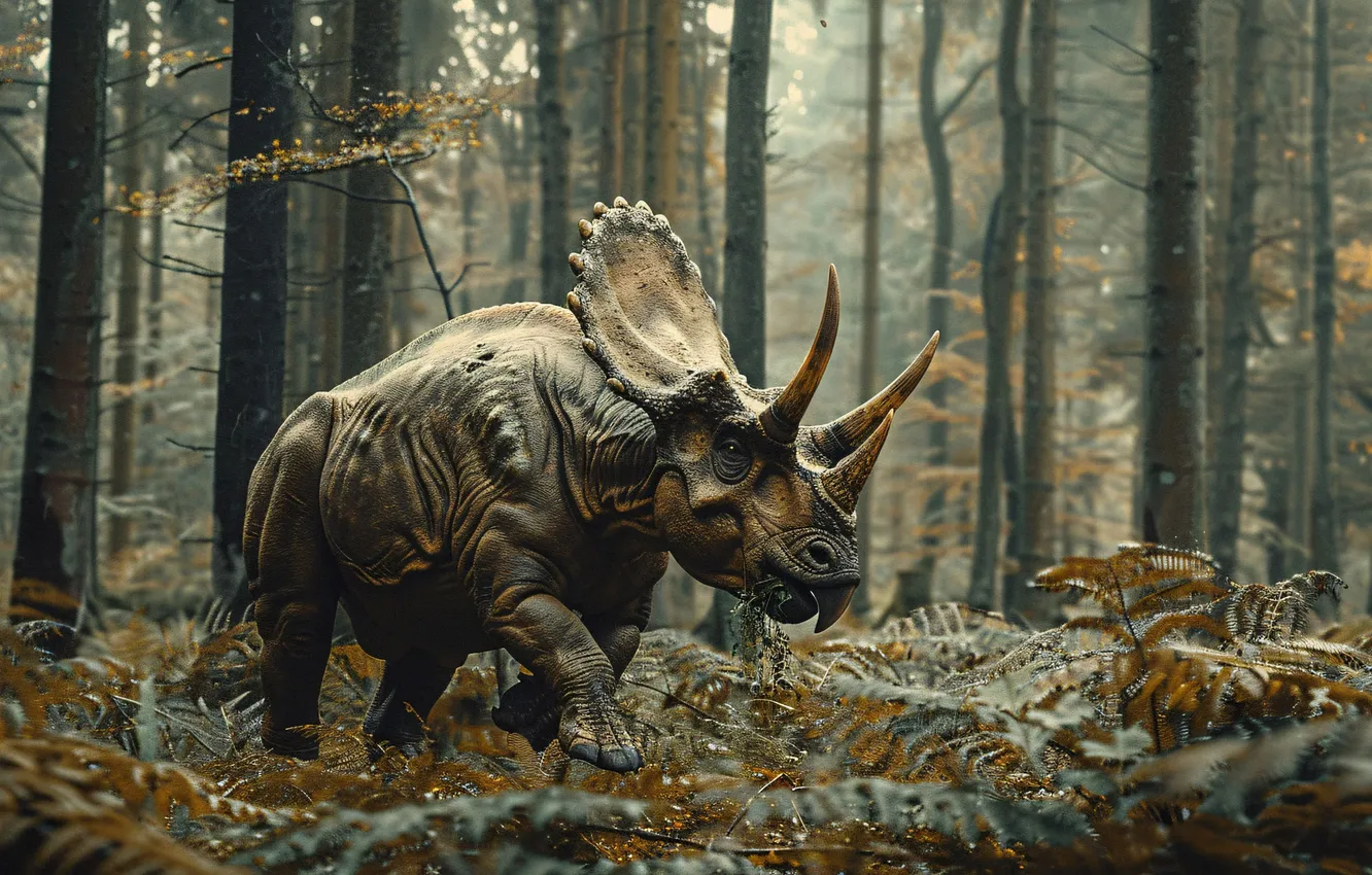Photo wallpaper trees, animal, dinosaur, horns, Triceratops, digital art, Triceratops, Ancient animals