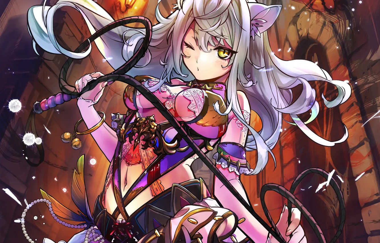 Photo wallpaper girl, home, anime, art, lights, coins, whip, ears