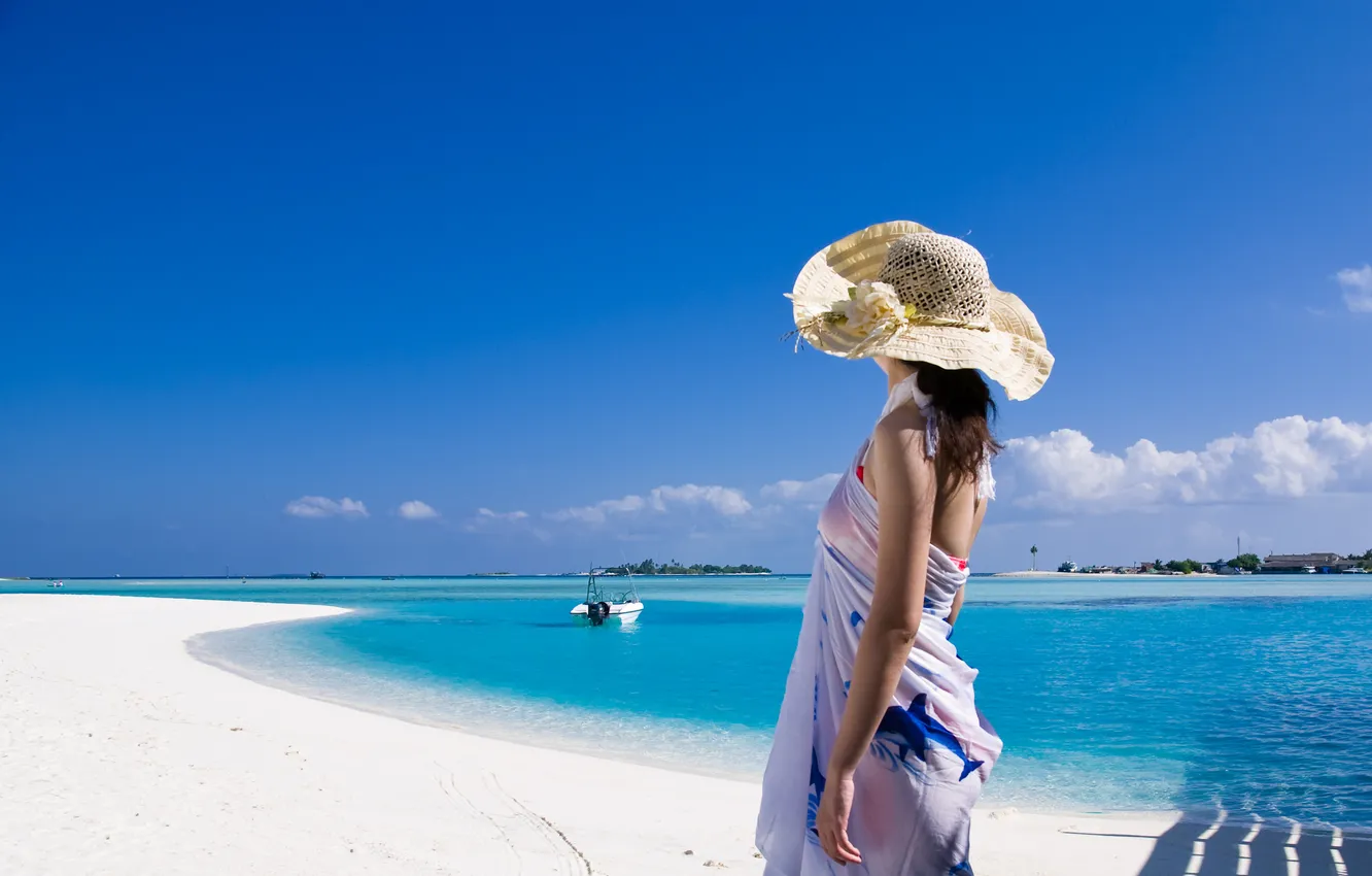 Photo wallpaper sand, sea, beach, girl, clouds, shore, dress, hat