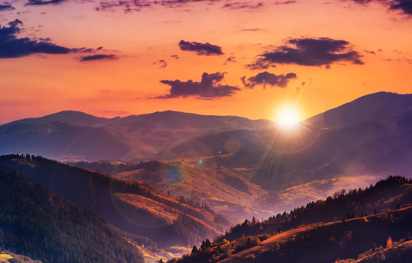 Photo wallpaper the sun, clouds, hills