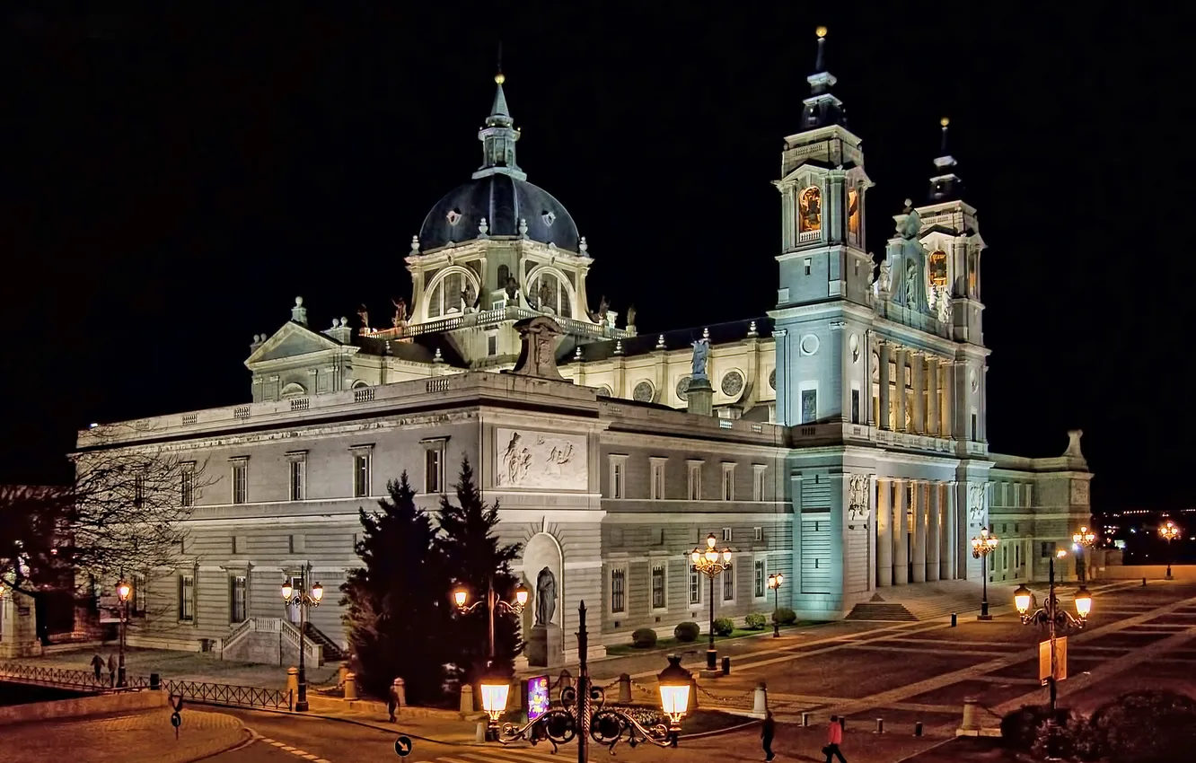 Photo wallpaper night, lights, area, lights, Cathedral, Spain, Palace