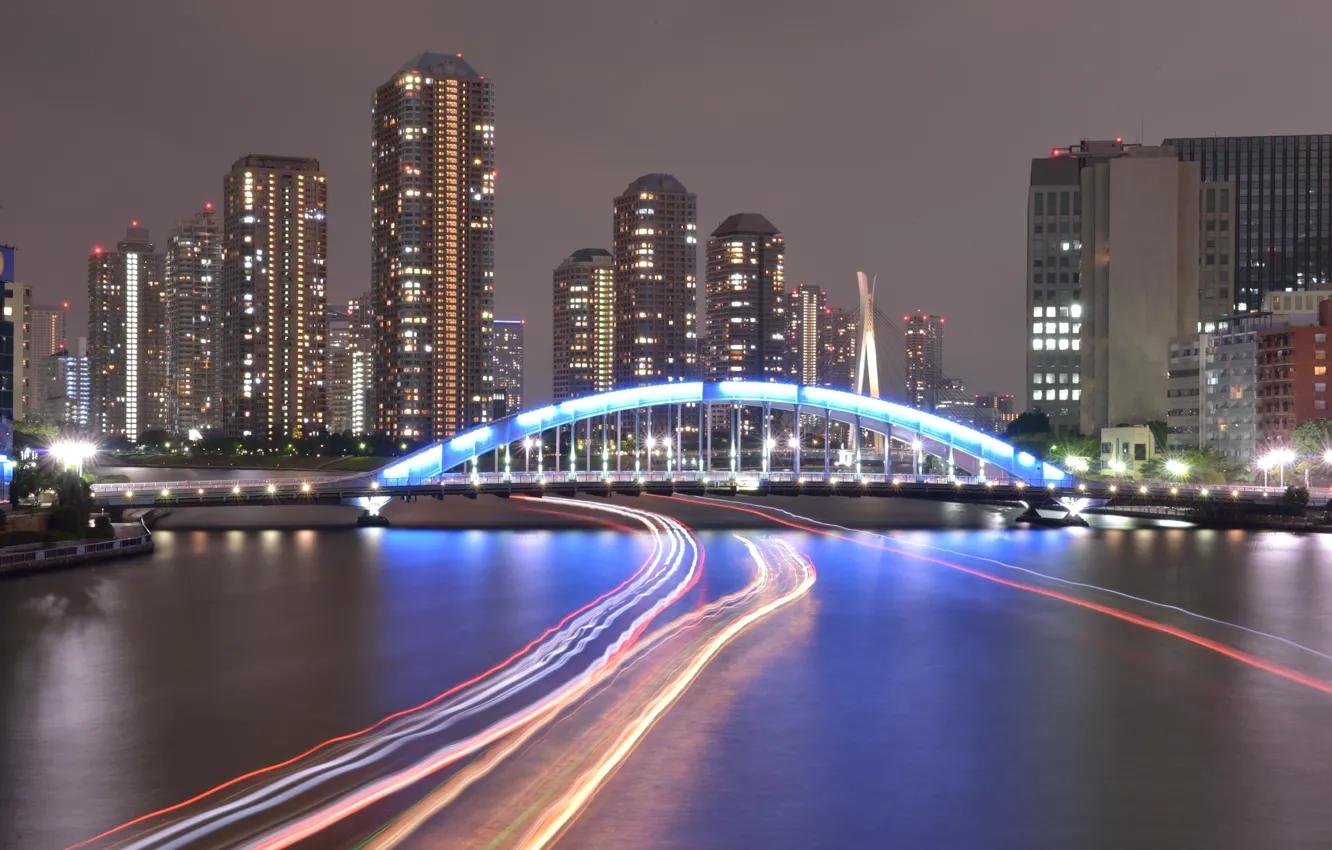 Photo wallpaper bridge, river, building, river, bridge, buildings, lights on the river, lights on river