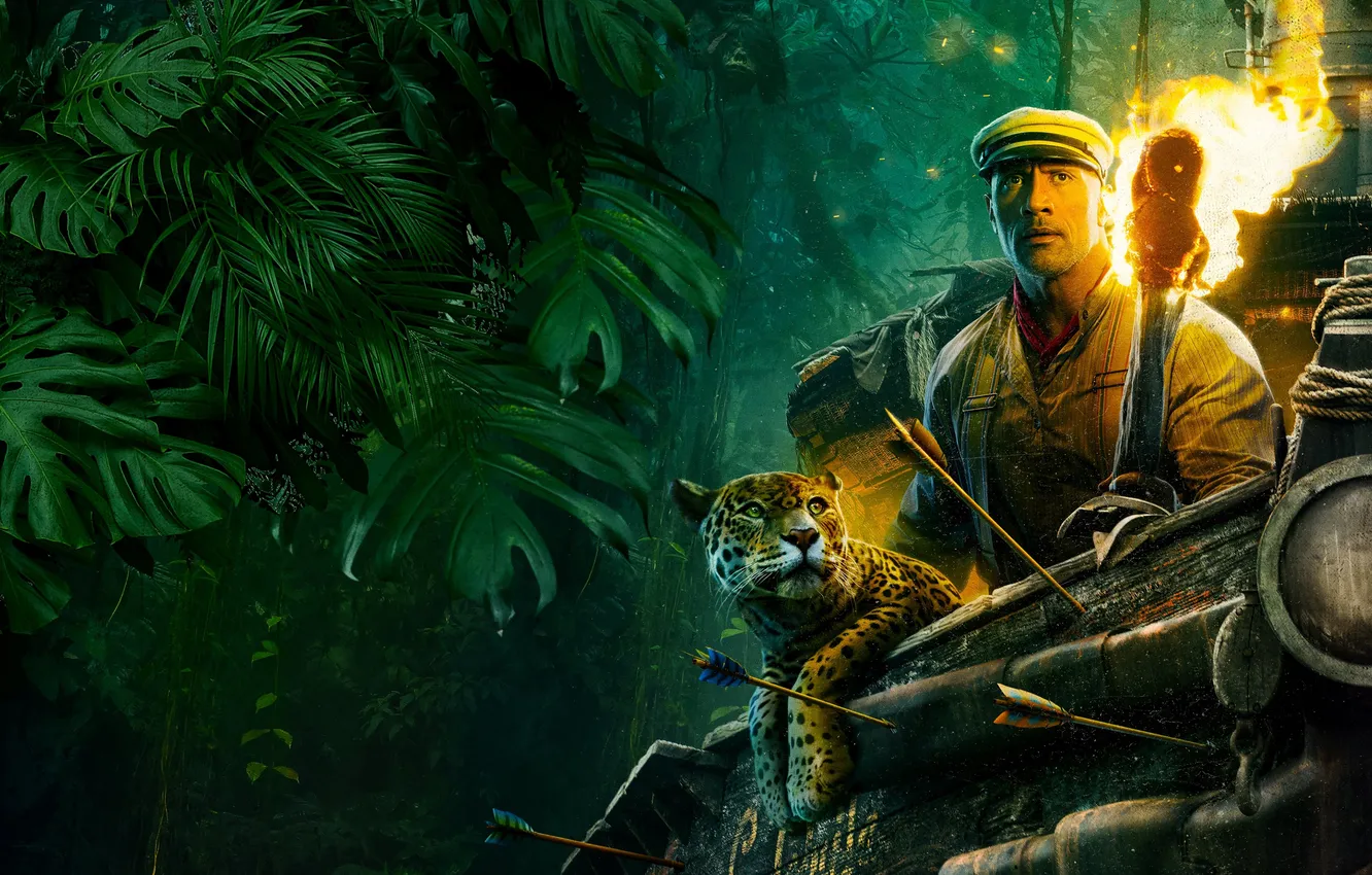 Photo wallpaper jungle, fantasy, leopard, torch, arrows, adventure, poster, cap
