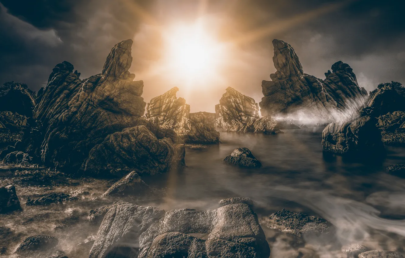 Photo wallpaper sea, the sky, the sun, rays, light, clouds, nature, stones
