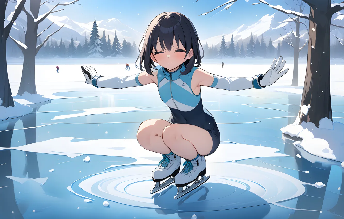Photo wallpaper ice, winter, anime girls, ice skating, AI art