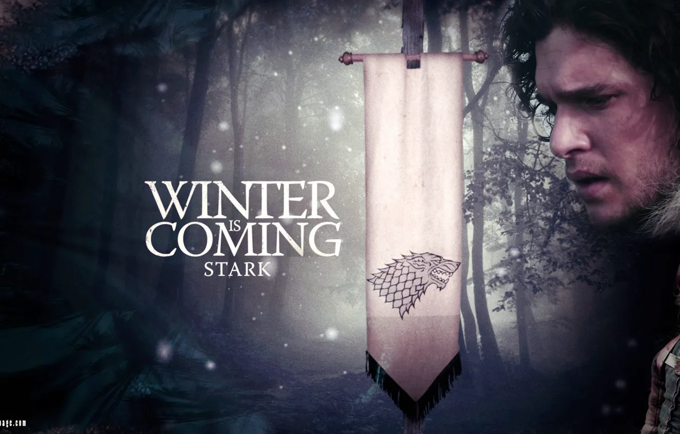 Photo wallpaper winter, snow, wolf, flag, motto, Game of Thrones, Game of thrones, Jon Snow