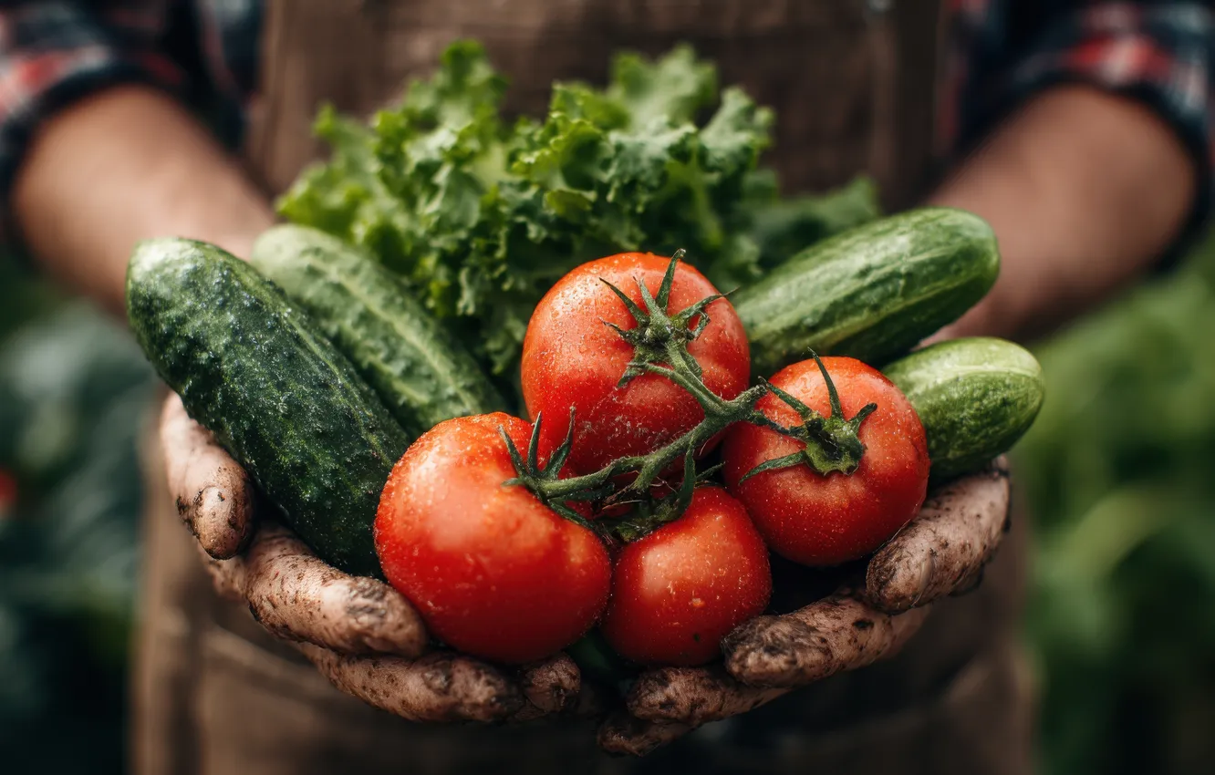 Photo wallpaper earth, hands, dirt, male, vegetables, tomatoes, fresh, cucumbers