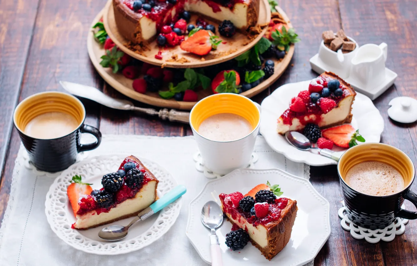 Photo wallpaper berries, raspberry, coffee, strawberry, Cup, BlackBerry, blueberries, cheesecake