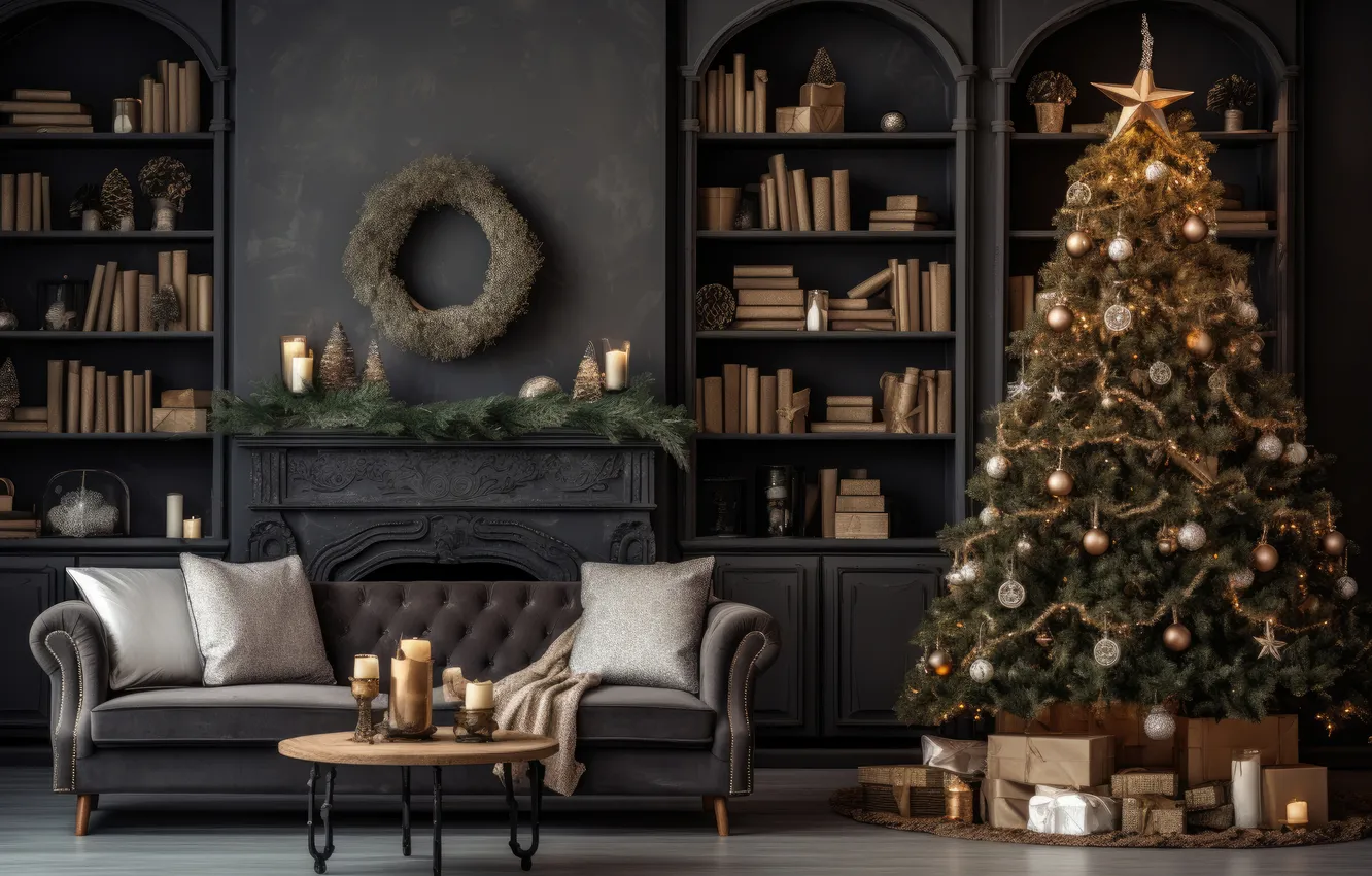 Photo wallpaper room, tree, new year, interior, Christmas, fireplace, Christmas, view