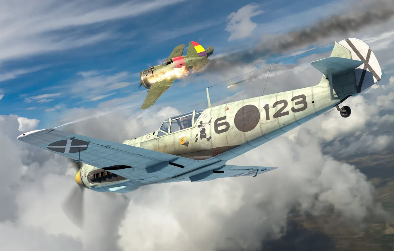 Photo wallpaper Germany, fighter, the Wehrmacht, Luftwaffe, Antonis Karidis, Condor Legion, Messerschmitt Bf 109E-1, The War in …