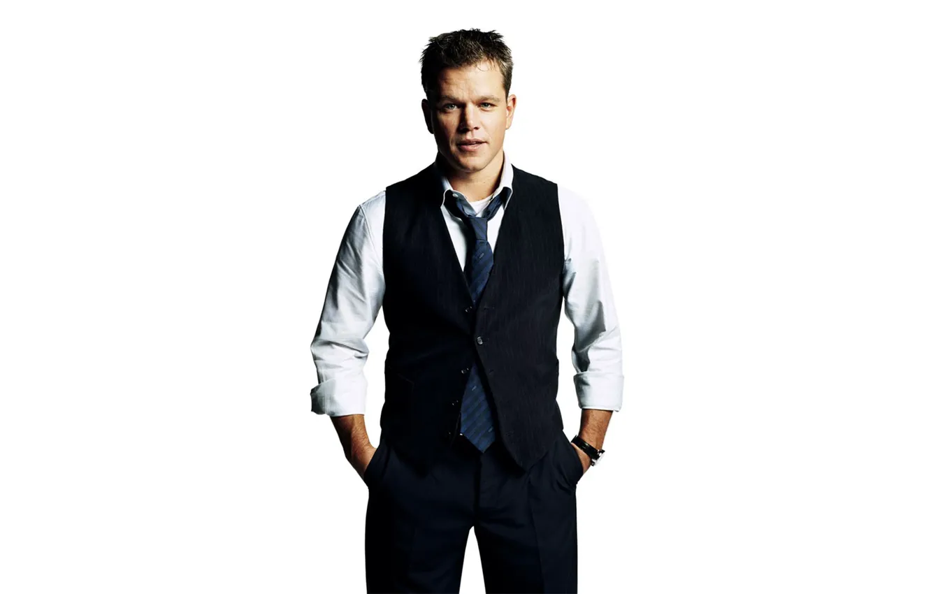 Photo wallpaper costume, tie, actor, white background, shirt, Matt Damon, photoshoot, pants