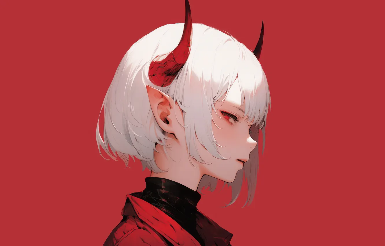 Photo wallpaper red eyes, anime girls, white hair, red background, horn, demon girl