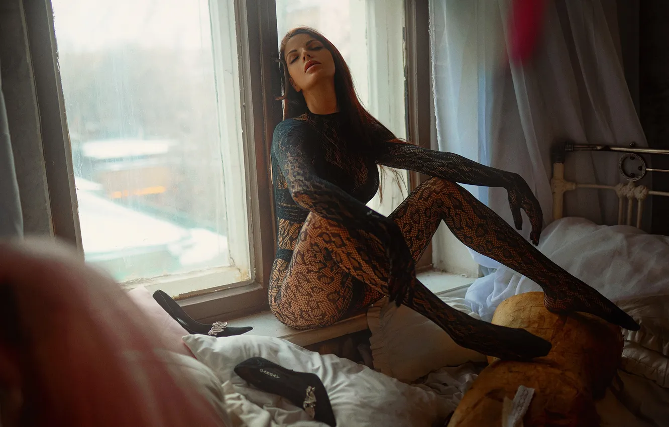 Photo wallpaper girl, pose, bed, hands, window, legs, closed eyes, Tatiana