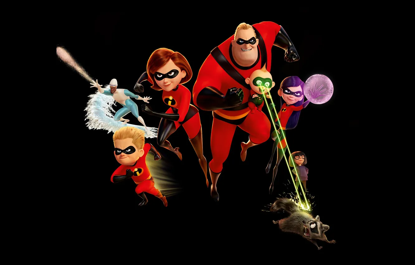 Photo wallpaper fiction, cartoon, black background, Pixar, poster, characters, Walt Disney, Incredibles 2