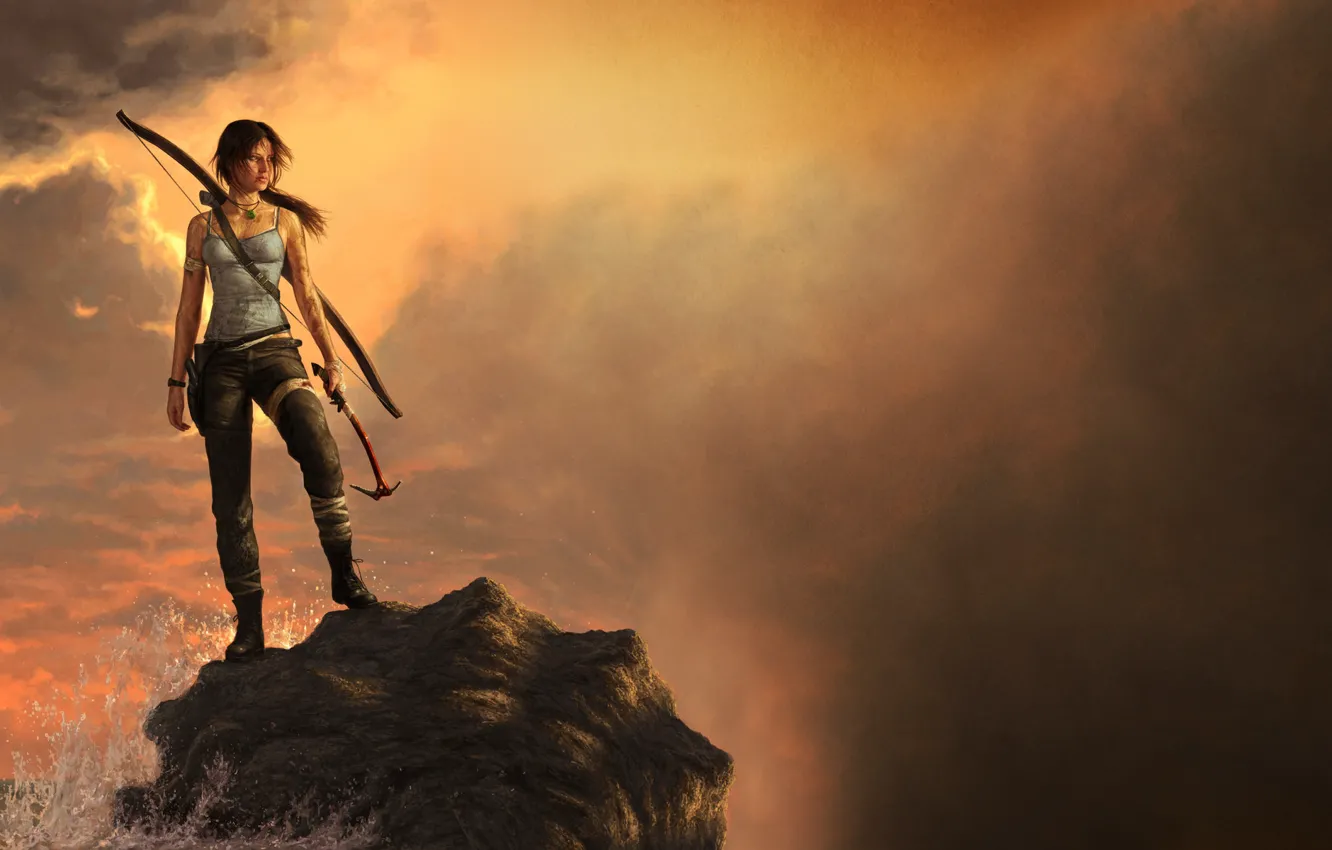 Photo wallpaper girl, clouds, rock, Tomb Raider, Lara Croft, Lara Croft, Tomb raider