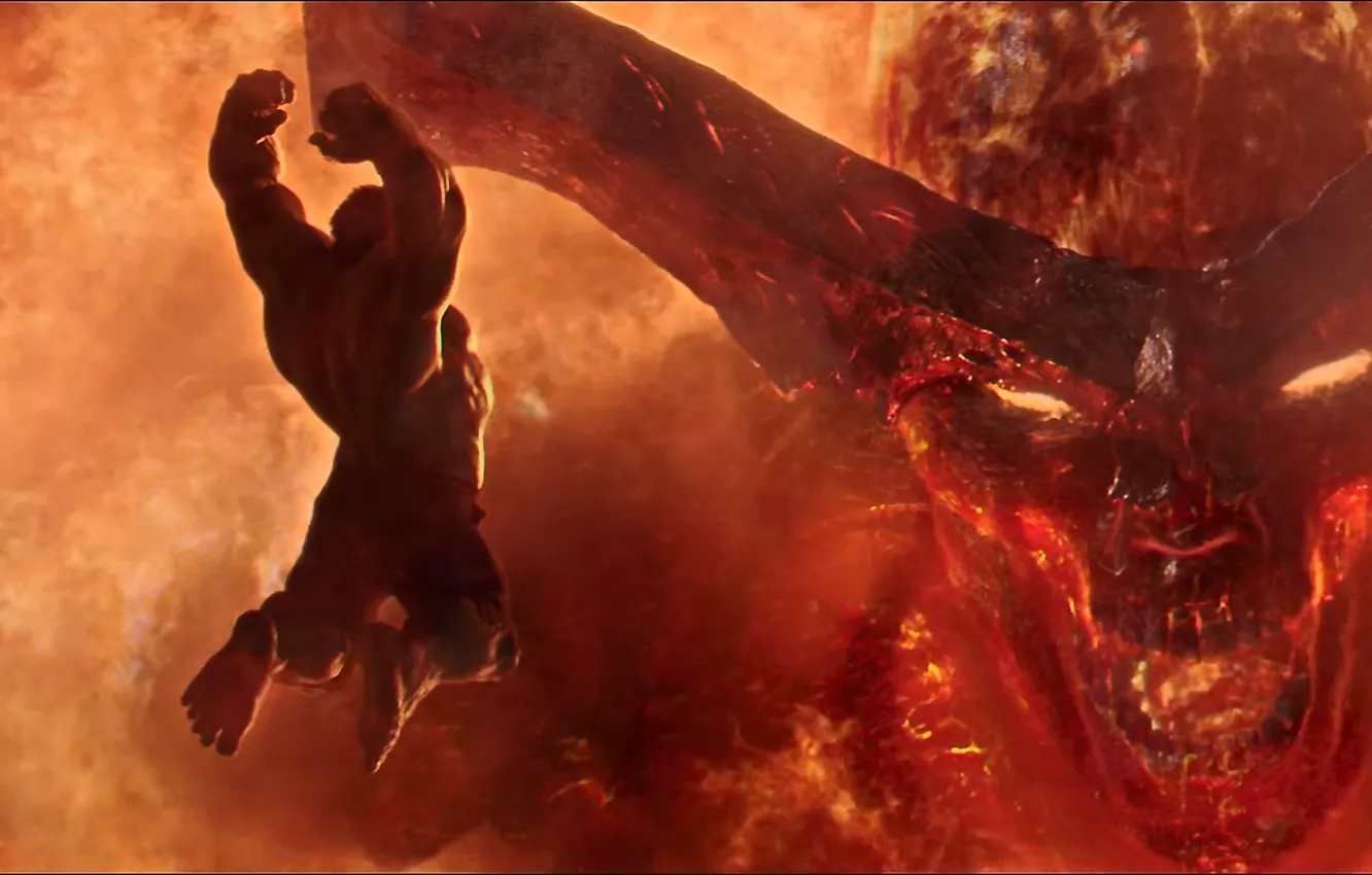 Photo wallpaper demon, fire, battle, Hulk, horns, Hulk, Marvel, fight